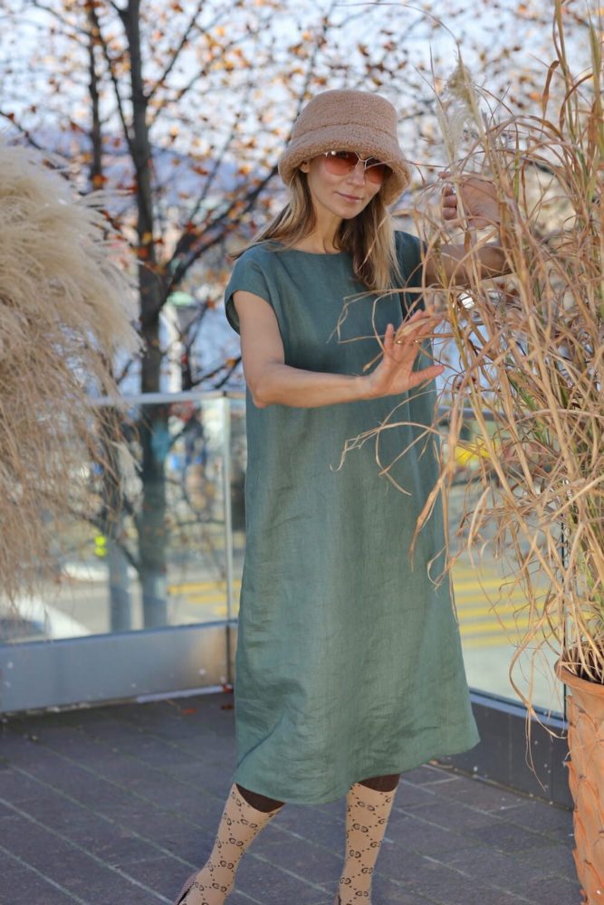 Sustainable green linen dress:of grapes and waves
